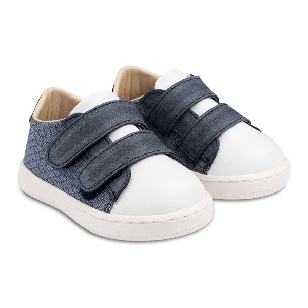 Βαπτιστικό δερμάτινο sneaker με διπλή μπαρέτα χρατς λευκό-μπλε για αγόρια PRI2104 Babywalker 