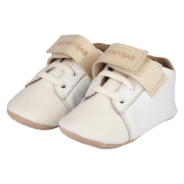 Βαπτιστικό δερμάτινο δετό sneaker με μπαρέτα χρατς λευκό-εκρού για αγόρια MI1092 Babywalker