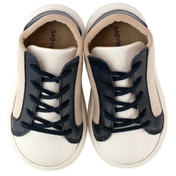 Βαπτιστικό δετό sneaker λευκό-μπεζ-μπλε για αγόρια BS3039 Babywalker