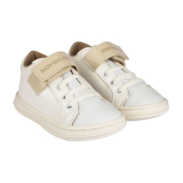 Βαπτιστικό δερμάτινο δετό sneaker με μπαρέτα χρατς λευκό-εκρού για αγόρια BS3051 Babywalker