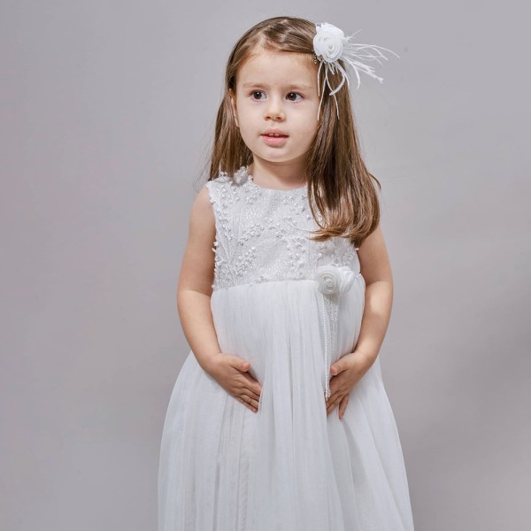 Βαπτιστικό φόρεμα αμάνικο με τούλι,δαντέλα και υφασμάτινο λουλούδι λευκό ΘΕΜΙΔΑ (18-24 μηνών)