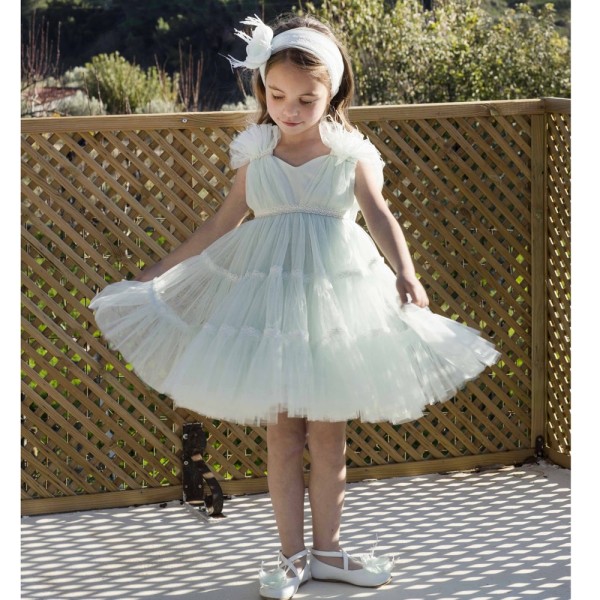 Βαπτιστικό φόρεμα σε βεραμάν απόχρωση με ιβουάρ δανδέλες που στολίζουν την φούστα Baby Bloom 122.110