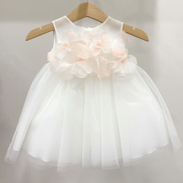 Βαπτιστικό φόρεμα με υφασμάτινα λουλούδια λευκό Bimbalo 5603 για κορίτσια (2-3 ετών)
