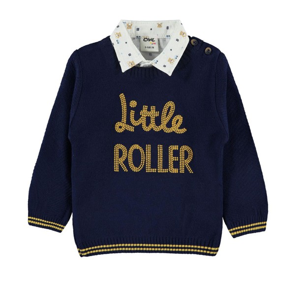 Σετ little roller μπλούζα,πουκάμισο,παντελόνι ναυτικό μπλε, ασπρο-μουσταρδί για αγόρια (6-18 μηνών) 