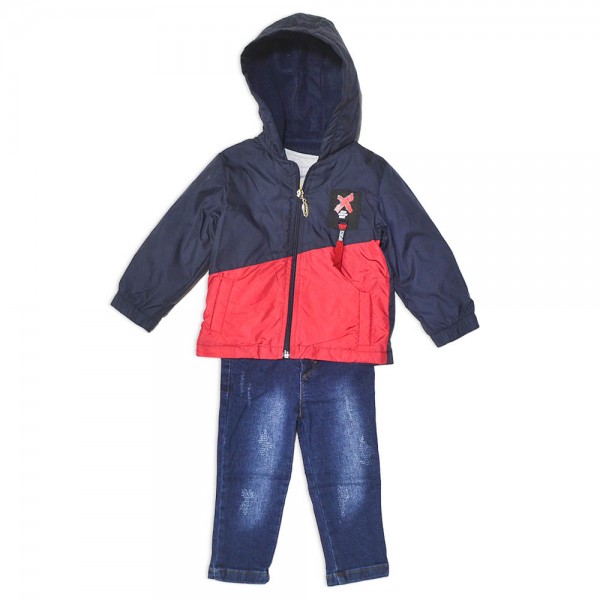 Βρεφικό σετ μπουφάν μπλούζα και τζιν παντελόνι μπλε-κόκκινο για αγόρια (12-36 μηνών)