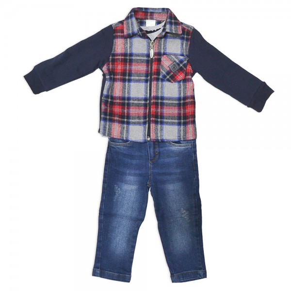 Βρεφικό σετ καρό ζακέτα μπλούζα και τζιν παντελόνι γκρι-κόκκινο για αγόρια (12-36 μηνών)