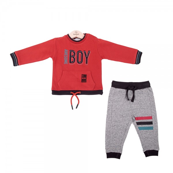 Παιδικό σετ μπλούζα κόκκινη και φόρμα γκρι ανοιχτο για αγόρια Babybol 21222 (3-6 ετών)