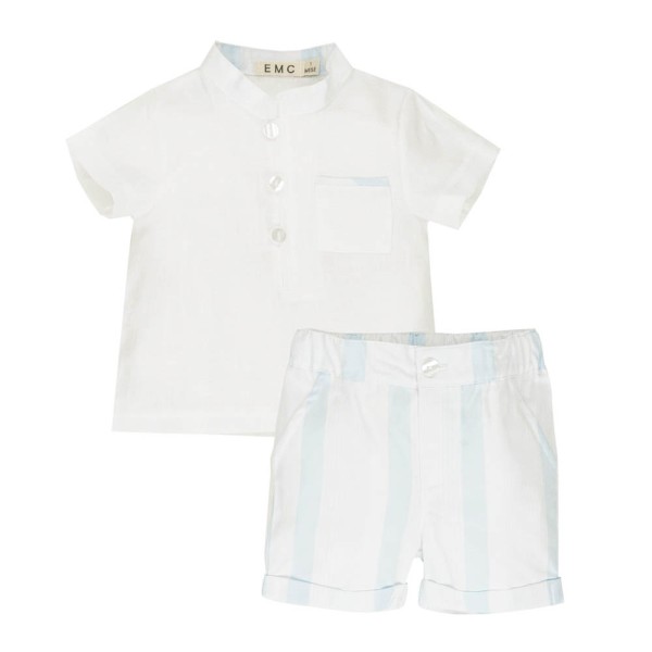 Βρεφικό σετ λινό πουκάμισο και σορτς καρό λευκό-σιέλ EMC CO2976 για αγόρια (6-18 μηνών)