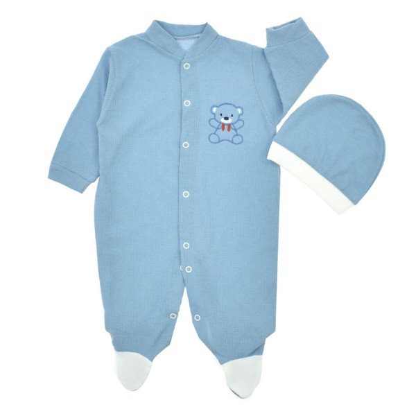 Βρεφικό φορμάκι με αρκουδάκι πικέ γαλάζιο για αγόρια (1-9 μηνών)
