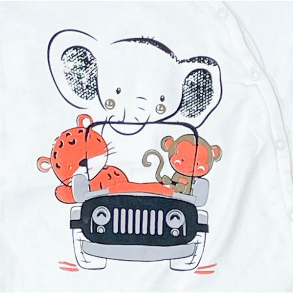Βρεφικό φορμάκι με αυτοκίνητο και ζωάκια λευκό-σκούρο μπλε για αγόρια (6-12 μηνών)