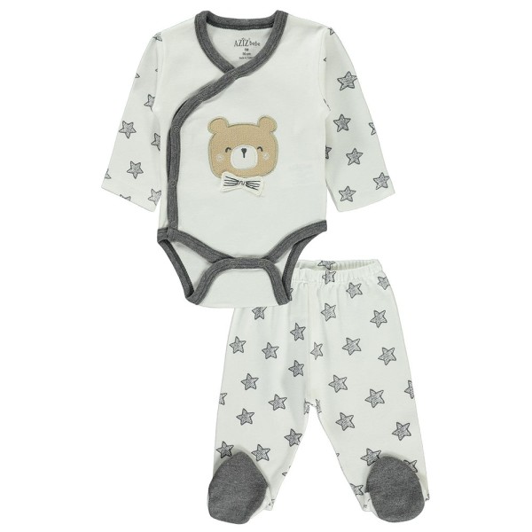 Βρεφικό σετ μακρυμάνικο κορμάκι και παντελόνι με αρκουδάκι λευκό-γκρι για αγόρια (0-6 μηνών)