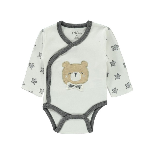 Βρεφικό σετ μακρυμάνικο κορμάκι και παντελόνι με αρκουδάκι λευκό-γκρι για αγόρια (0-6 μηνών)