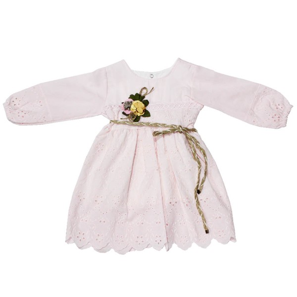 Βρεφικό φόρεμα μακρυμάνικο με κυπούρ δαντέλα ροζ για κορίτσια (6-12 μηνών)
