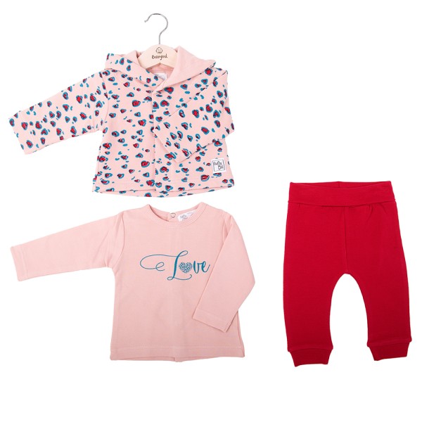 Βρεφικό σετ ζακετα μπλούζα παντελόνι ροζ-κόκκινο Babybol 21826 για κορίτσια (6-18 μηνών)