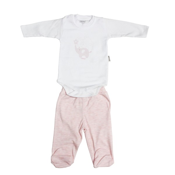 Βρεφικό σετ λευκό-ροζ με ελεφαντάκι για κορίτσια (0-6 μηνών)