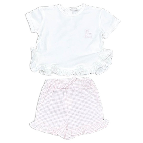 Βρεφικό σετ μπλούζα σορτς με βολάν πτι καρό ροζ-λευκό για κορίτσια (6-18 μηνών)