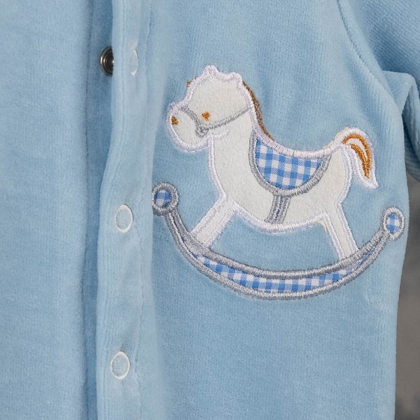 Βρεφικό βελουτέ φορμάκι με λευκό αλογάκι γαλάζιο για αγόρια (0-12 μηνών)