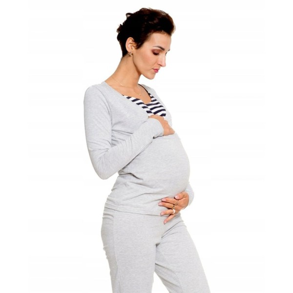 Πιτζάμες σετ μακρυμάνικες εγκυμοσύνης και θηλασμού Rose γκρι με ρίγες λευκό-μαύρο