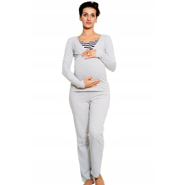 Πιτζάμες σετ μακρυμάνικες εγκυμοσύνης και θηλασμού Rose γκρι με ρίγες λευκό-μαύρο