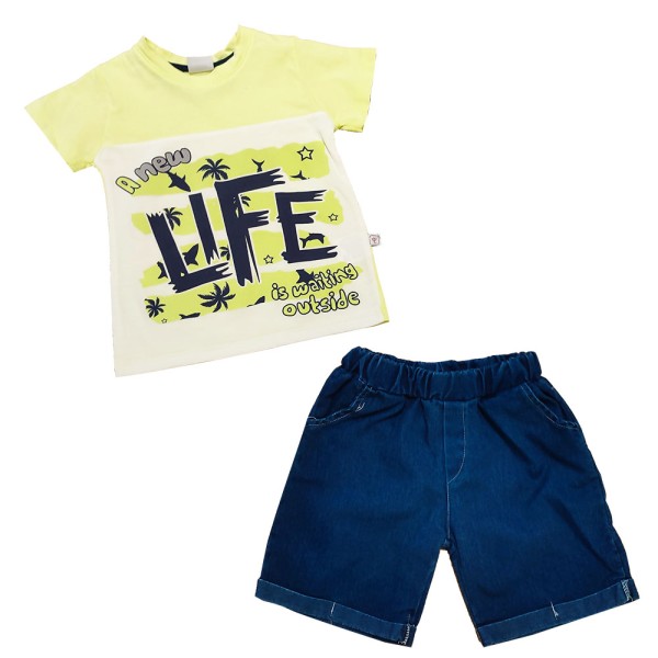 Παιδικό σετ t-shirt σορτς new life λαχανί-μπλε για αγόρια (2-5 ετών)