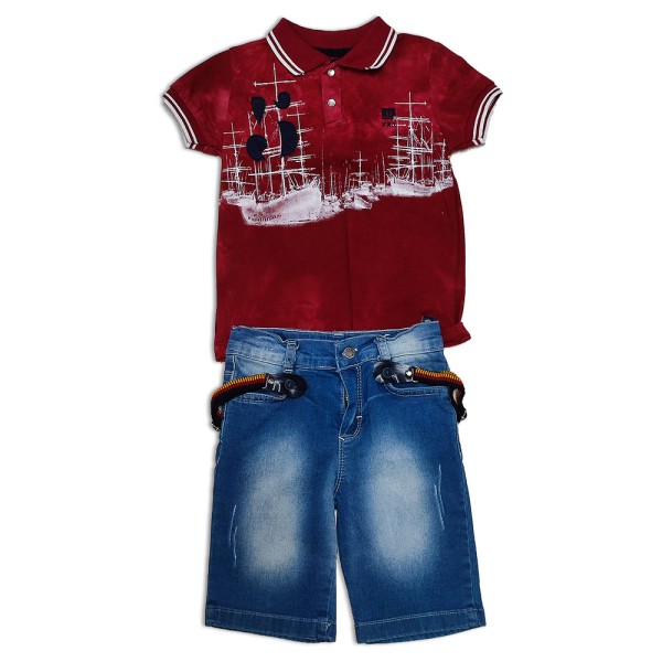 Παιδικό σετ κόκκινο t-shirt και μπλε τζιν βερμούδα για αγόρια (2-5 ετών)