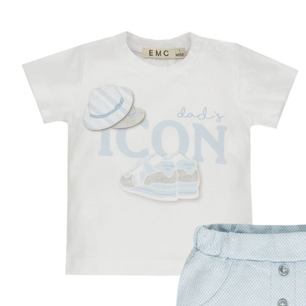 Βρεφικό σετ μπλούζα t-shirt 'icon' άσπρο και σόρτς πλεκτό σιέλ EMC CO2982 (6-18 μήνων)