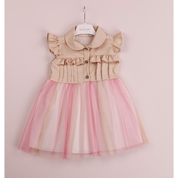 Παιδικό φόρεμα με κουμπιά βολάν και τούλι μπεζ για κορίτσια (1-4 ετών)
