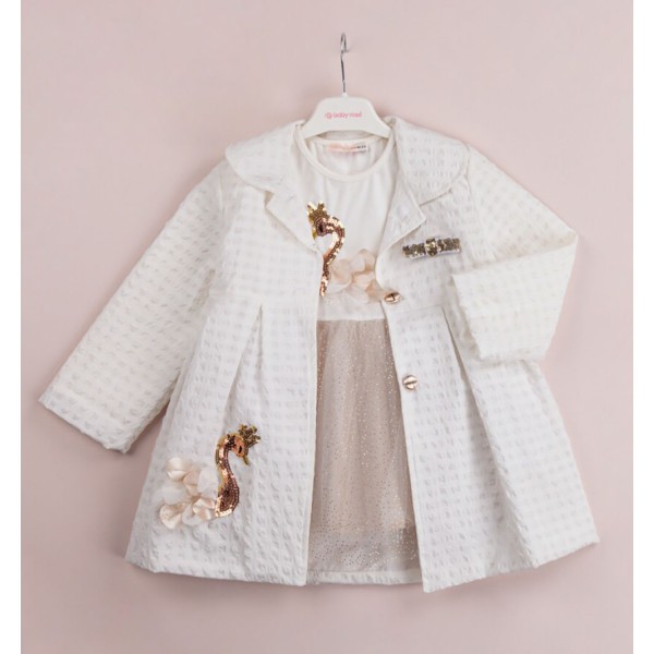 Παιδικό σετ κοντομάνικο φόρεμα με μαντώ κύκνος λευκό μπεζ για κορίτσια (1-4 ετών)