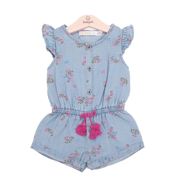 Παιδική καλοκαιρινή ολόσωμη φόρμα τζιν με λουλούδια γαλάζιο Babybol 12166 για κορίτσια (3-6 ετών)