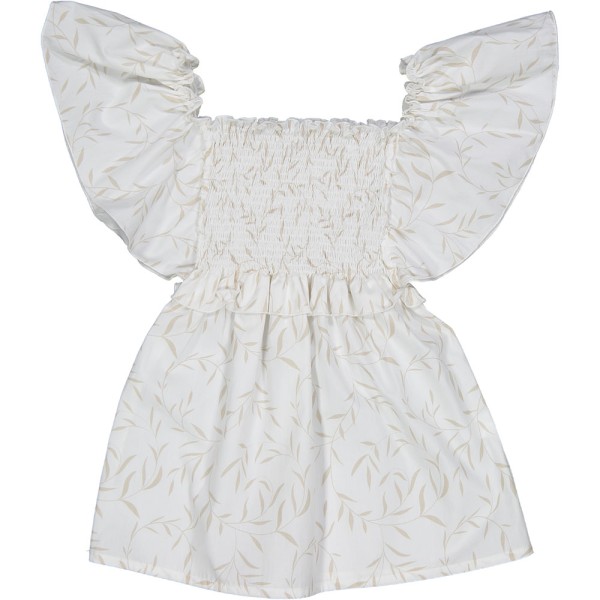 Παιδικό φόρεμα με τύπωμα φύλλα λευκό-μπεζ για κορίτσια (4-8 ετών)