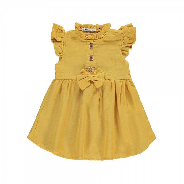 Παιδικό φόρεμα λινό με φιόγκο μουσταρδί για κορίτσια (2-6 ετών)