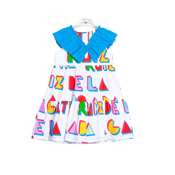 Παιδικό φόρεμα άσπρο με βολάν μπλε και γράμματα Agatha Ruiz De Prada 7VE3605 για κορίτσια (6-14 ετών)