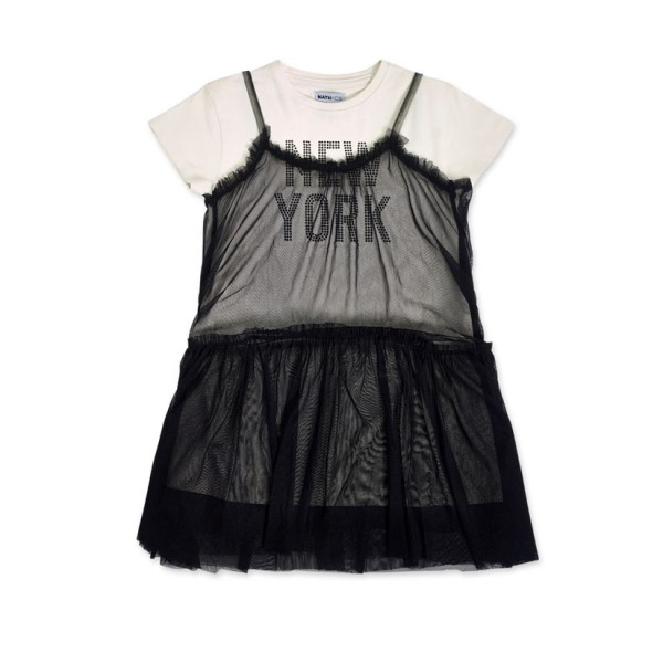 Παιδικό φόρεμα λευκό με τούλι one day in nyc λευκό-μαύρο τούλι KG04D602 (8-16 ετών)