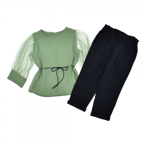 Παιδικό σετ μπλούζα με τούλινα μανίκια και παντελόνι πράσινο-μαύρο για κορίτσια (3-8 ετών)