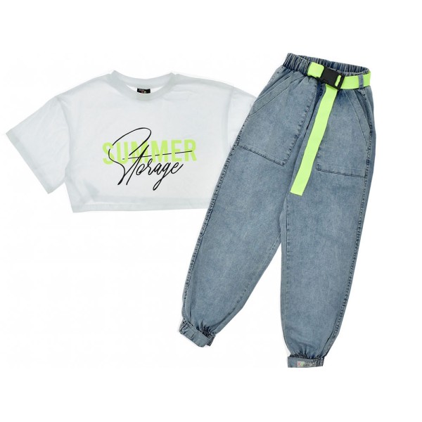 Παιδικό σετ μπλούζα παντελόνι τζιν λευκό-πράσινο νέον για κορίτσια (8-14 ετών)