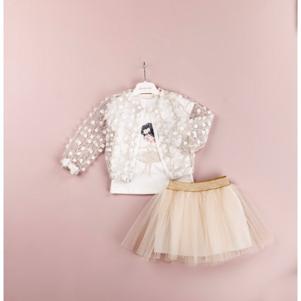 Παιδικό σετ μπουφαν με διαφάνεια μπλουζα φούστα με κλαδάκια λευκό μπεζ για κορίτσια (1-4 ετών)