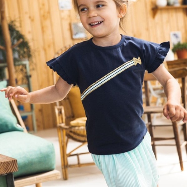 Παιδική μπλούζα κοντομάνικη με χρυσή λωρίδα γκλίτερ ναυτικό μπλε Koko Noko V42976-37 για κορίτσια (4-10 ετών)