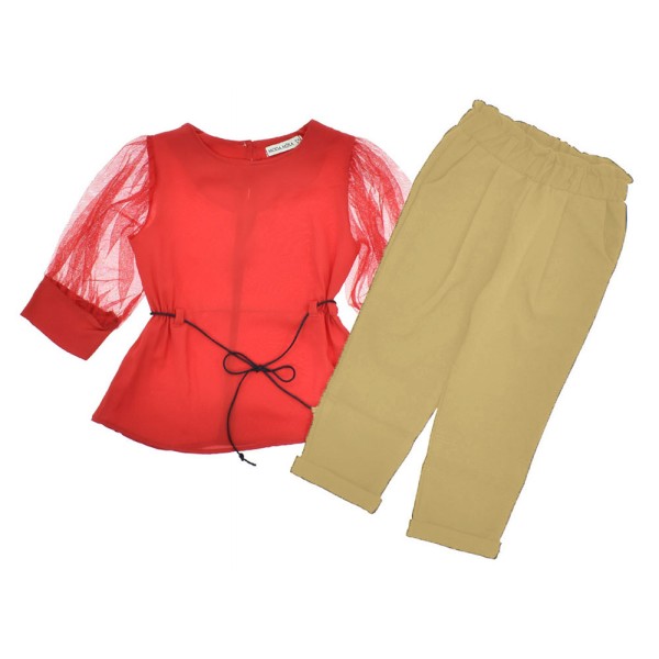 Παιδικό σετ μπλούζα με τούλινα μανίκια και παντελόνι κόκκινο-μπεζ για κορίτσια (3-8 ετών)