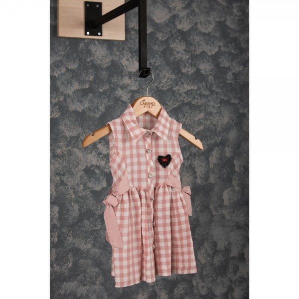Παιδικό φόρεμα καρό με κουμπιά με στρας λευκό/σάπιο μήλο (1-8 ετών)