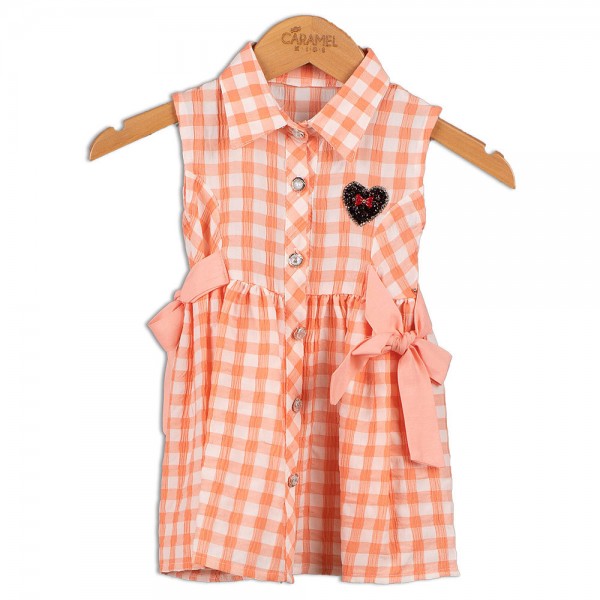 Παιδικό φόρεμα καρό με κουμπιά με στρας λευκό/σομόν (1-8 ετών)
