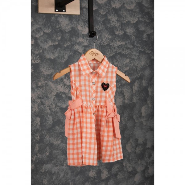 Παιδικό φόρεμα καρό με κουμπιά με στρας λευκό/σομόν (1-8 ετών)