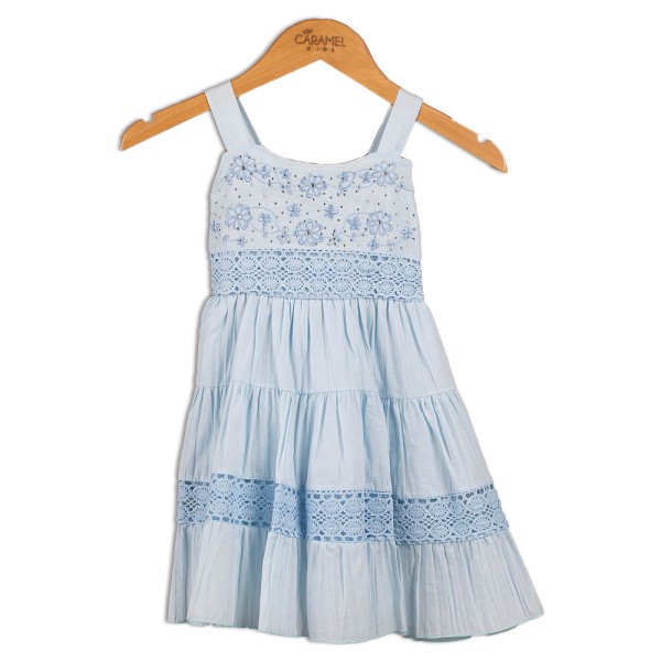 Παιδικό φόρεμα με κεντημένα λουλούδια με στρας γαλάζιο (2-12 ετών)