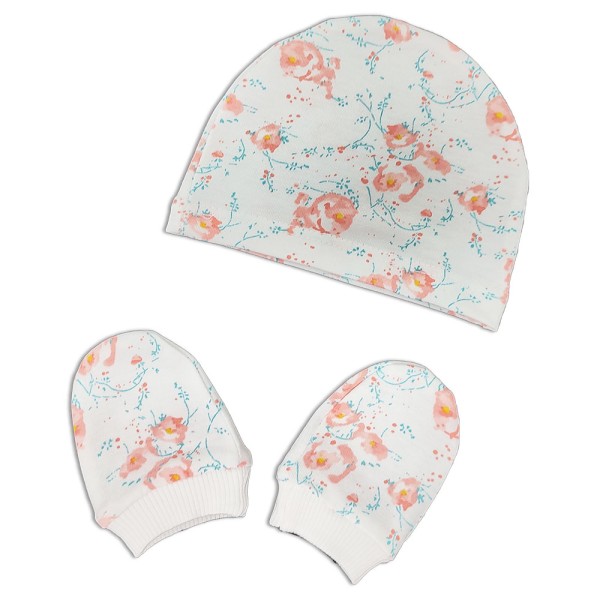 Βρεφικό σετ σκούφος γάντια με λουλούδια σομόν για κορίτσια (0-6 μηνών)