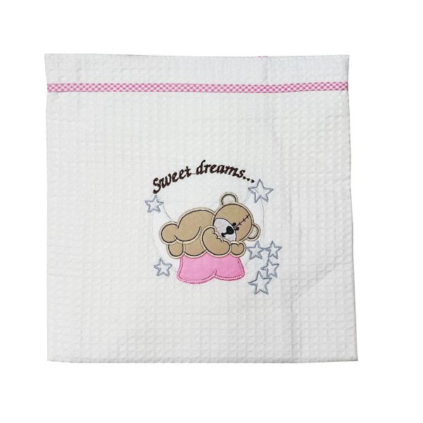 Βρεφική κουβέρτα αγκαλιάς πικέ "sweet dreams" αρκουδάκι λευκό-ροζ για κορίτσια 105χ95εκ