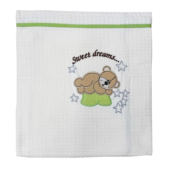 Βρεφική κουβέρτα αγκαλιάς πικέ "sweet dreams" αρκουδάκι λευκό-πράσινο για αγόρια 105χ95εκ