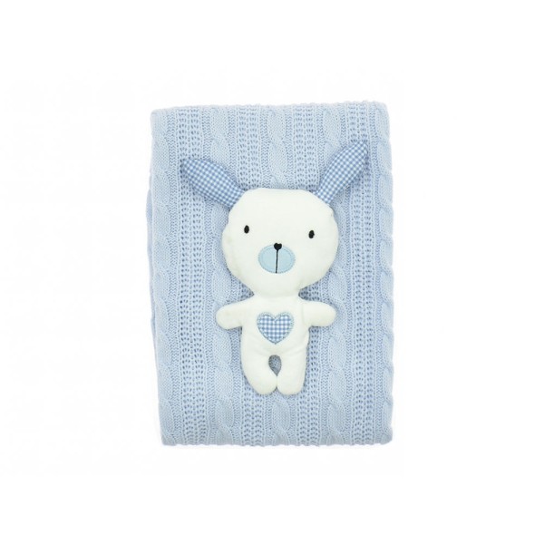 Βρεφική πλεκτή κουβέρτα πλεξούδα με αρκουδάκι γαλάζια για αγόρια (85x95 εκ)