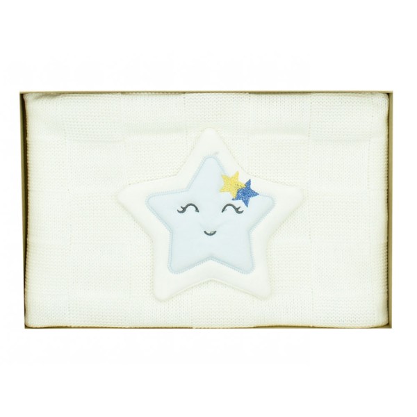 Πλεκτή κουβέρτα καρό με αστεράκι λευκή για αγόρια (80x100 εκ)