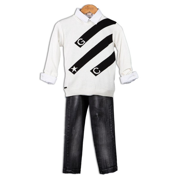 Παιδικό σετ μπλούζα με πουκάμισο και παντελόνι εκρού-γκρι (6-10 ετών)