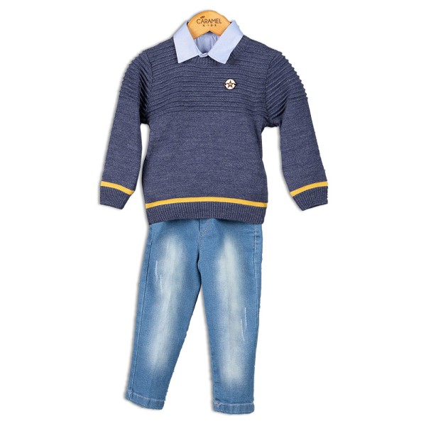 Παιδικό σετ πουκάμισο με παντελόνι και πουλόβερ μπλε (1-5 ετών)