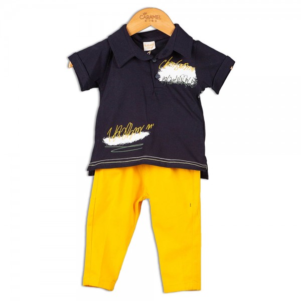 Βρεφικό σετ t-shirt και παντελόνι ναυτικό μπλε-κίτρινο (6-24 μηνών)